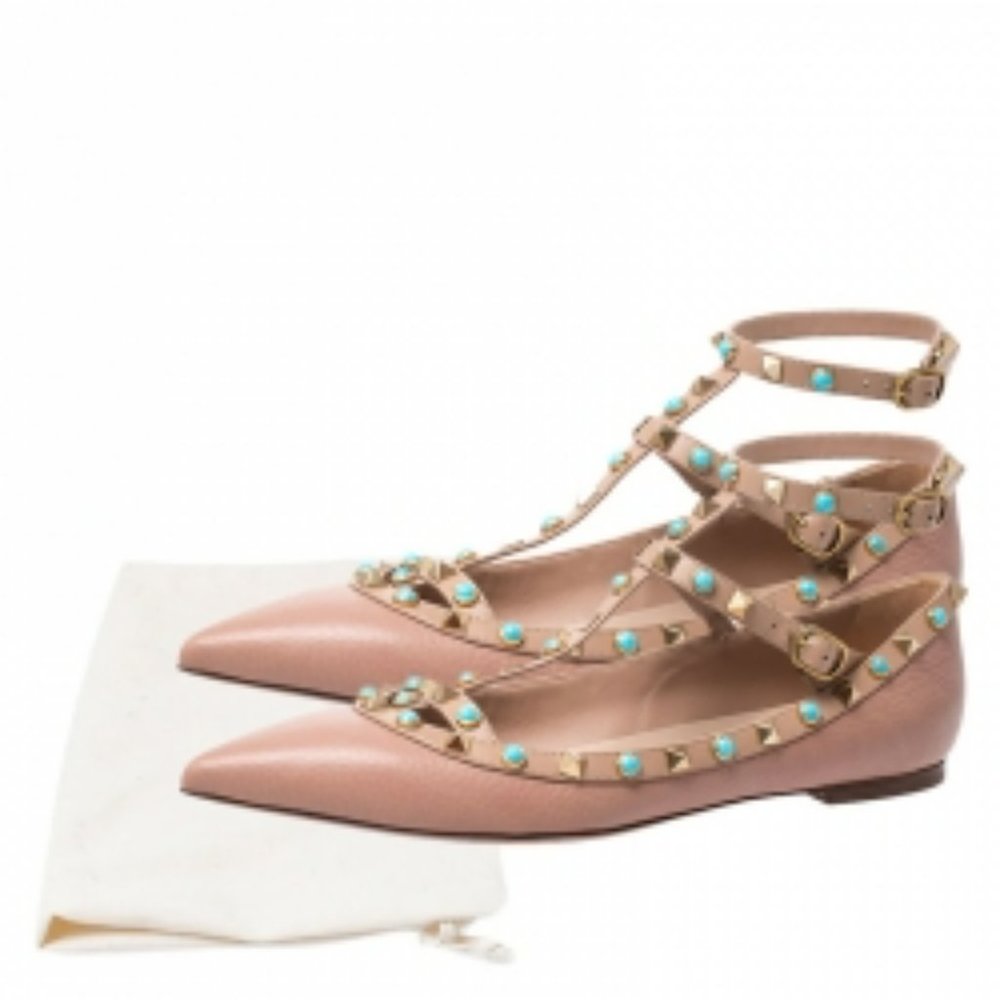 Valentino Beige Leather T Strap Rockstud Ballet Flats Size 40 - Picture 2 of 8